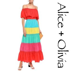 ALICE + OLIVIA off shoulder color block maxi dress